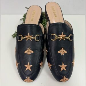 SHEIN Black Gold Horsebit Loafers / Mules Embroidered Bees and Stars Sz 40 / 41